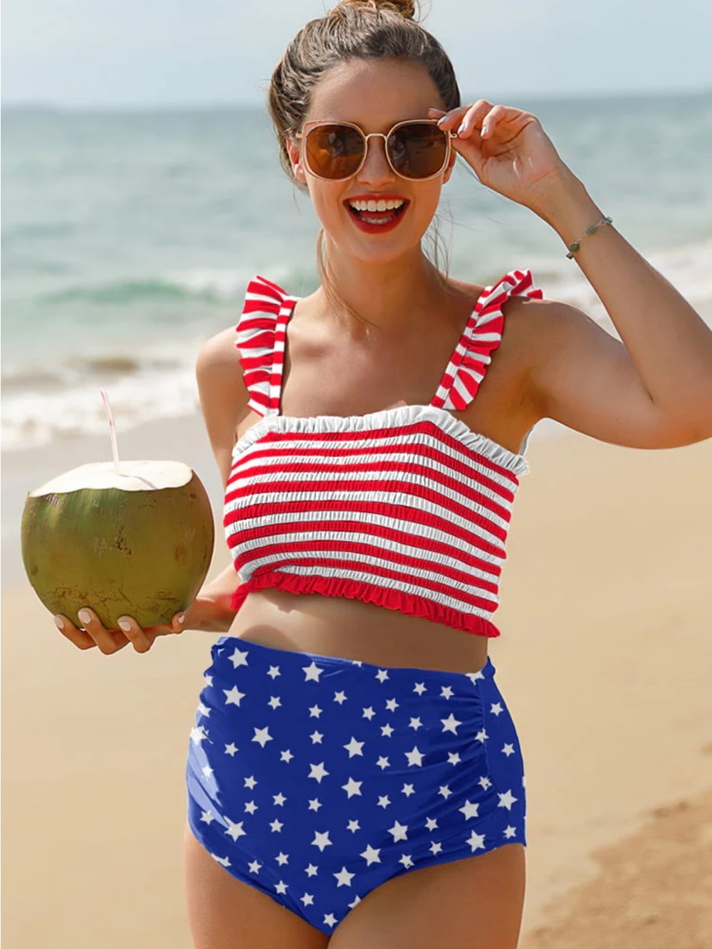 Striped Red & White Ruffle Bikini Top with Star-Print High Waist Bottoms